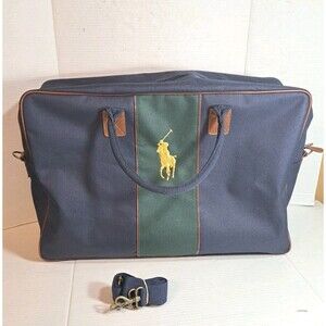 Polo Ralph Lauren Canvas Leather Duffle Travel Bag Blue Large Polo Logo 23x15x8